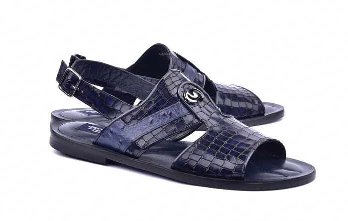 Corrente Crocodile Printed Calfskin Sandal Navy Strap - Up Sandal Resort Style  