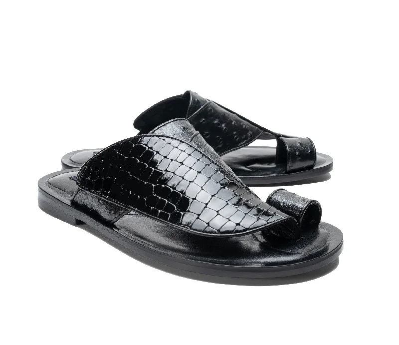 Corrente Exotic Printed Calfskin Sandal Black Upcycled Shoe Look  