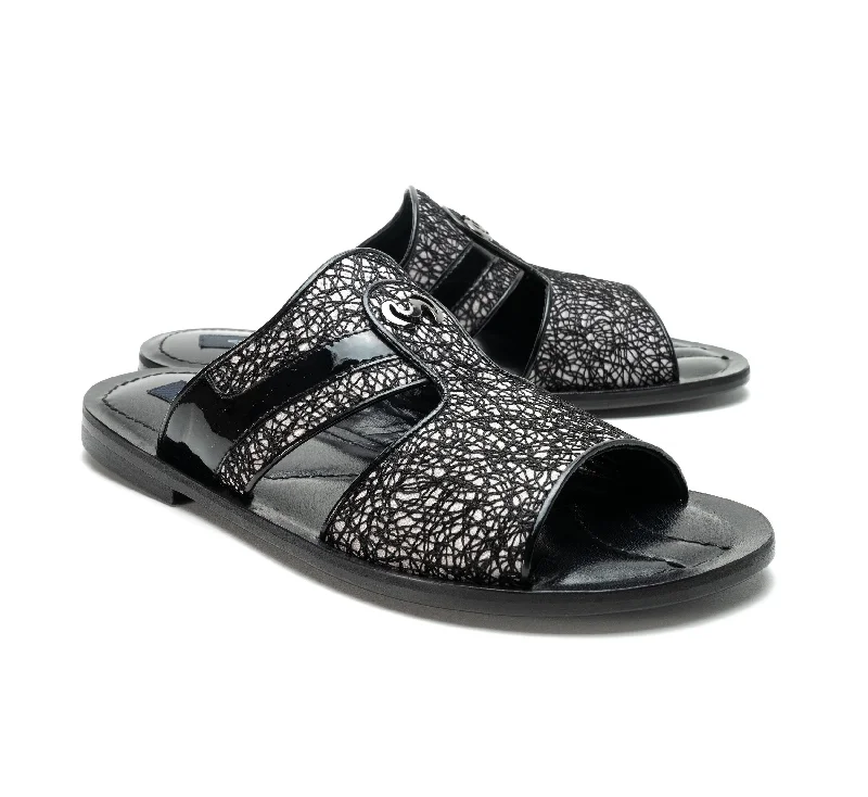 Corrente Linen & Shiny Calfskin Sandal Black Wingtip Oxford Design 