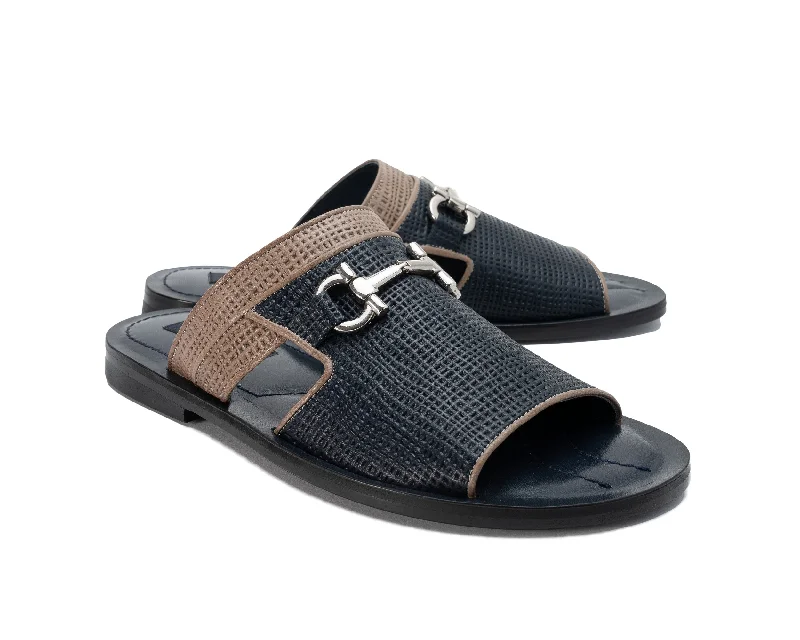 Corrente Perforated Calfskin Sandal Navy Loose - Fit Slipper Style  