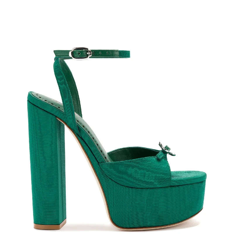 Daisy Platform In Emerald Fabric Embroidered Cowboy Boot Design  