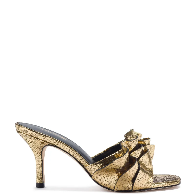 Colette Ruffle Mule In Gold Cracked Metallic Leather Quilted Shoe Design  