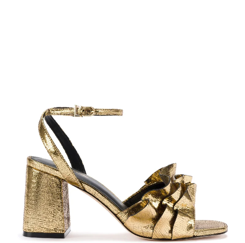 Selena Ruffle Sandal In Gold Cracked Metallic Leather Desert Boot Utility Style  