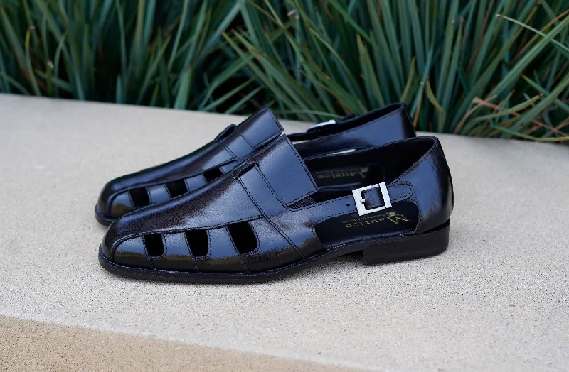 Maurice Calfskin Slip-On Sandal/Shoe Black Tassel Driving Shoe Look 