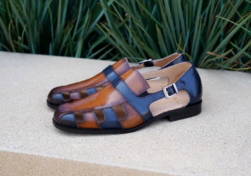 Maurice Calfskin Slip-On Sandal/Shoe Cognac/Navy Cowboy Boot Western Style  