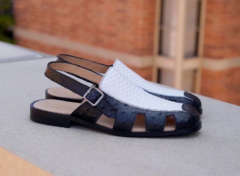 Maurice Embossed Calfskin Slip-On Back-Strap Sandal Black/White Monochromatic Shoe Look  