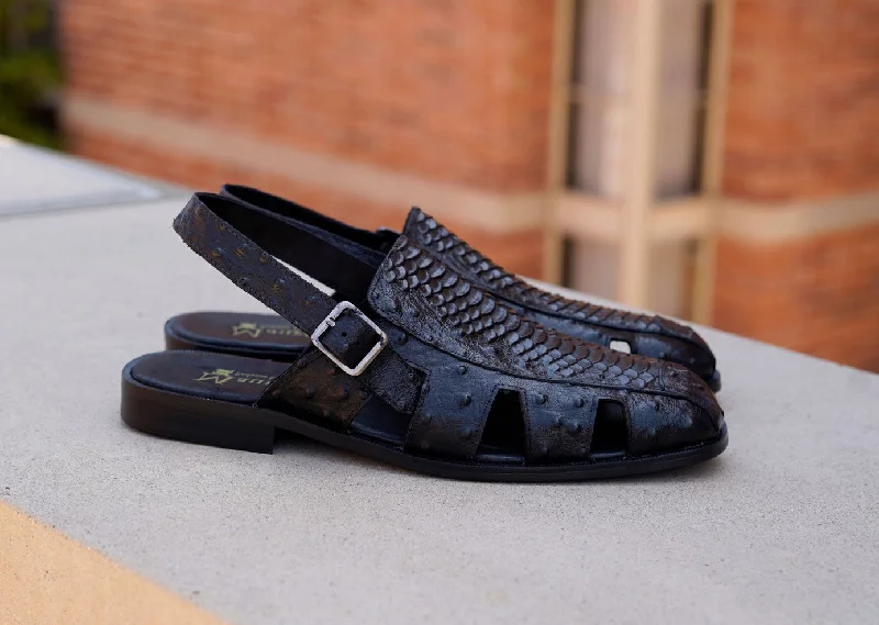 Maurice Embossed Calfskin Slip-On Back-Strap Sandal Black Wingtip Oxford Design 