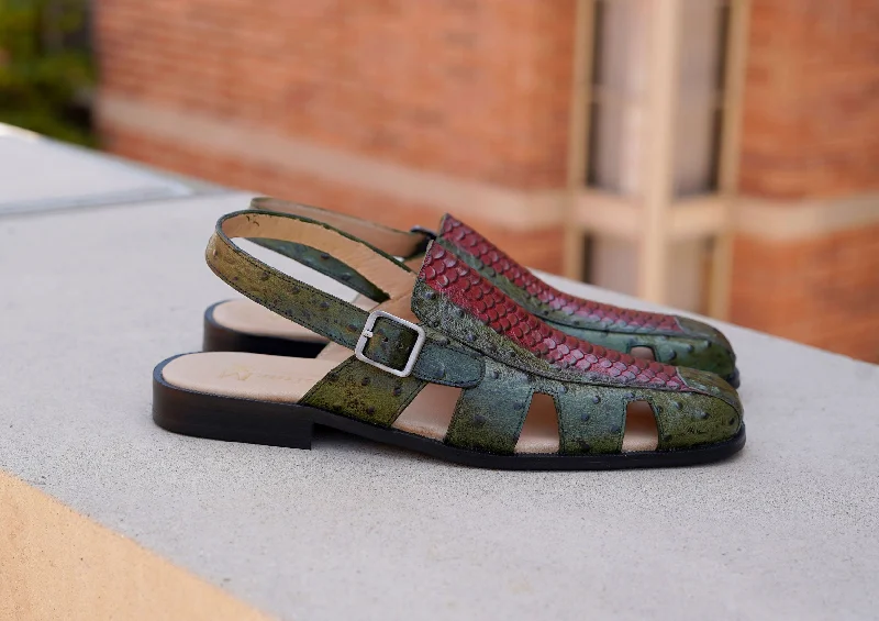 Maurice Embossed Calfskin Slip-On Back-Strap Sandal Green/Red Distressed Leather Shoe Style  