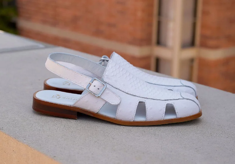 Maurice Embossed Calfskin Slip-On Back-Strap Sandal White Mod Oxford Design  