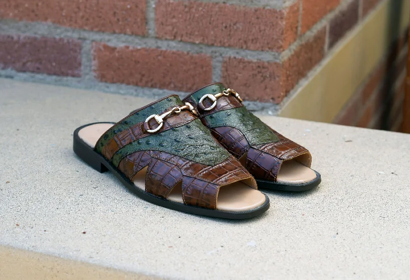 Maurice Embossed Calfskin Slip-On Sandal Brown/Olive Open - Lacing Derby Look  