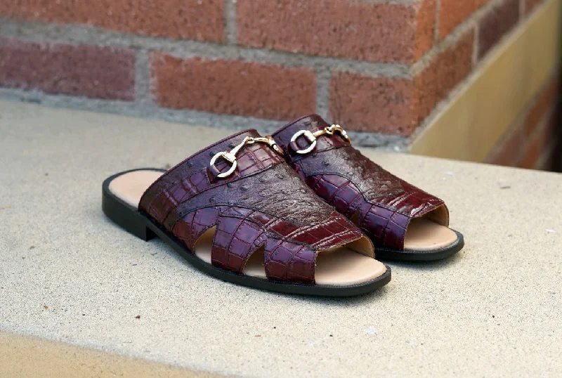 Maurice Embossed Calfskin Slip-On Sandal Burgundy Paisley Print Shoe Design  
