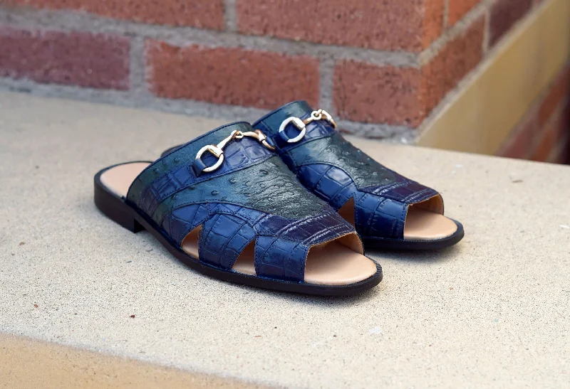 Maurice Embossed Calfskin Slip-On Sandal Navy/Green Distressed Leather Shoe Style  