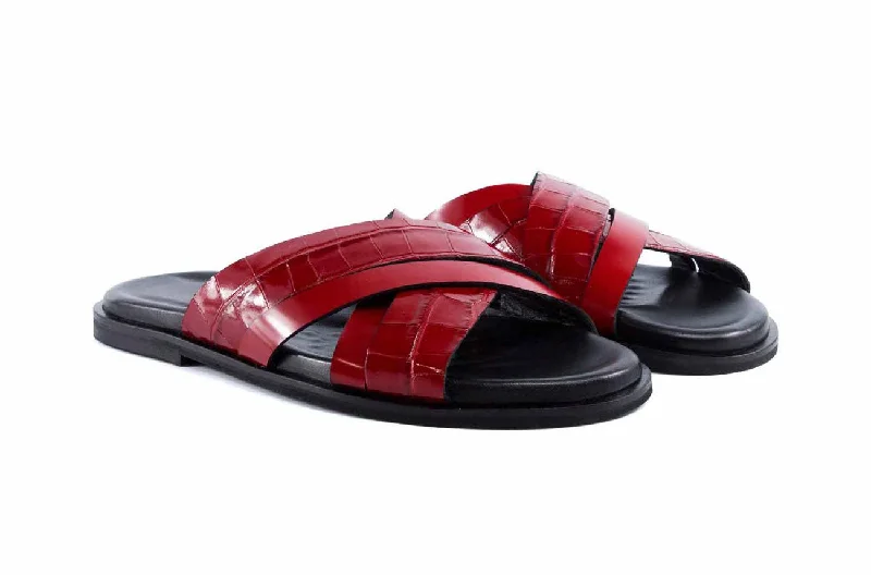 Pelle "Aruba" Slip-On Calfskin Sandal Red Embroidered Cowboy Boot Design  