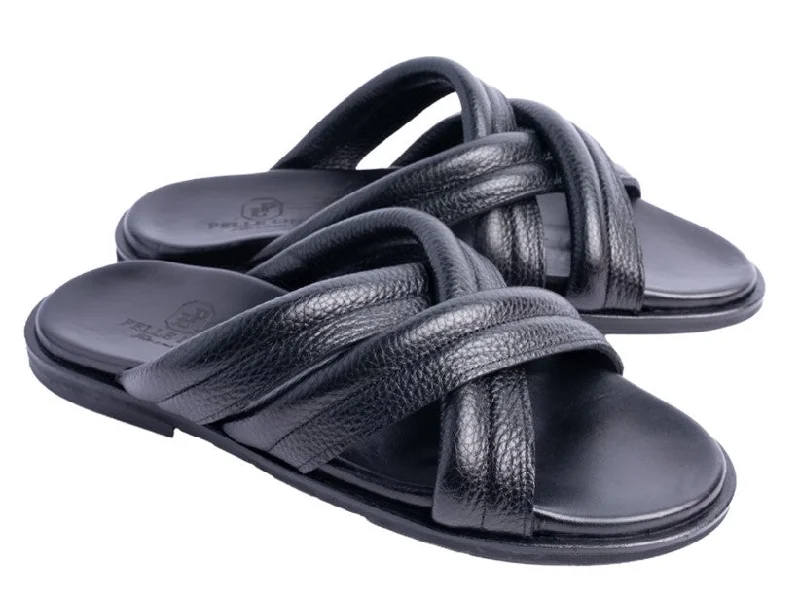 Pelle "Balaer" Slip-On Calfskin Sandal Black Combat - Inspired Military Boot Look  