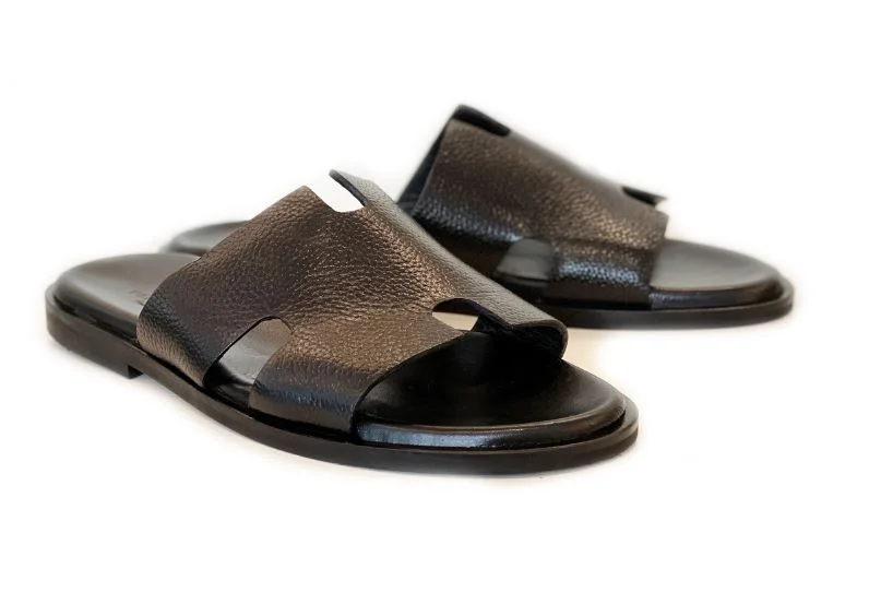 Pelle "Egea" Slip-On Calfskin Sandal Black Checkered Shoe Pattern Look  