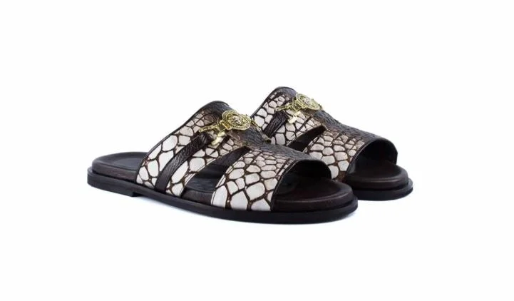 Pelle "Vinnie" Slip-On Calfskin Sandal Brown/White Casual Loafer Style          