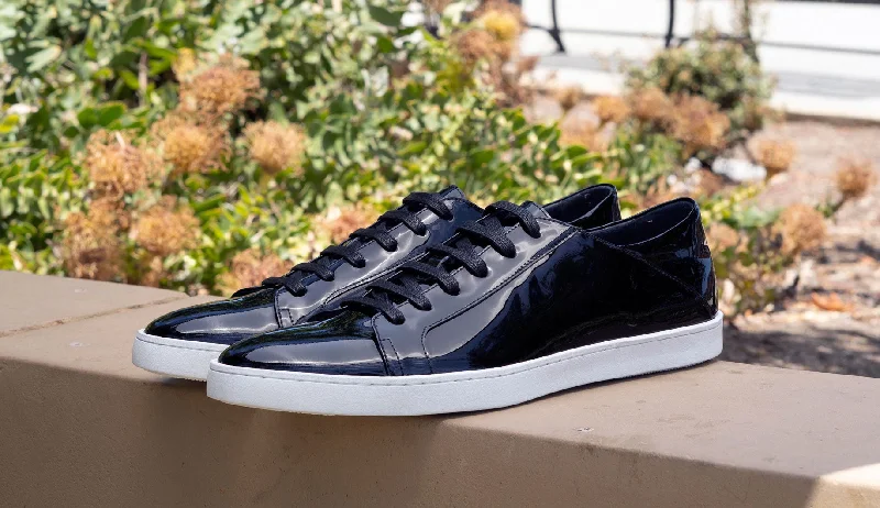 Shiny Calfskin Lace-Up Sneaker Black Metallic Trim Shoe Design  