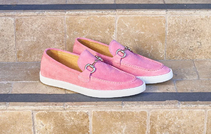 Suede Slip-On Horsebit Loafer Pink Checkered Shoe Pattern Look  