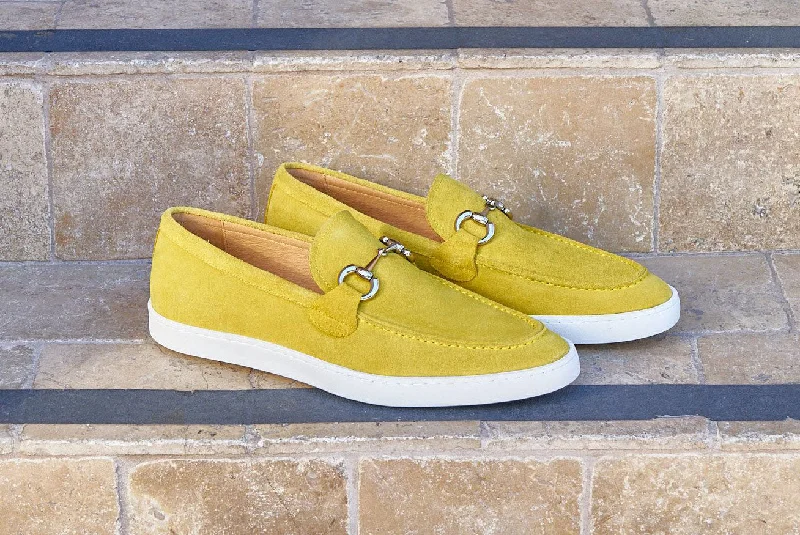 Suede Slip-On Horsebit Sneaker Yellow Distressed Leather Shoe Style  