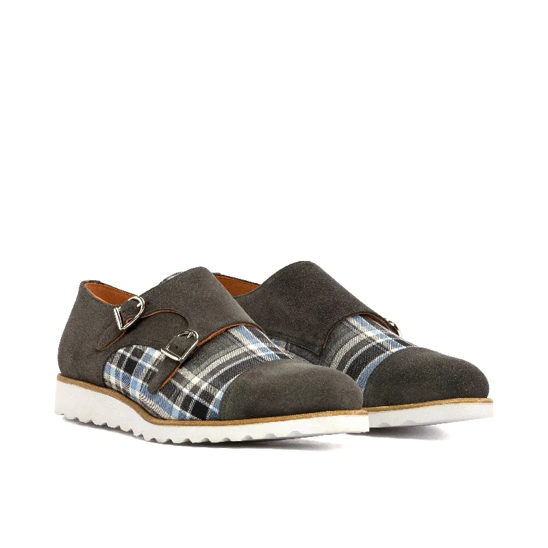 DapperFam Monaco in Plaid / Grey Men's Sartorial & Lux Suede Double Monk Cowboy Boot Western Style  
