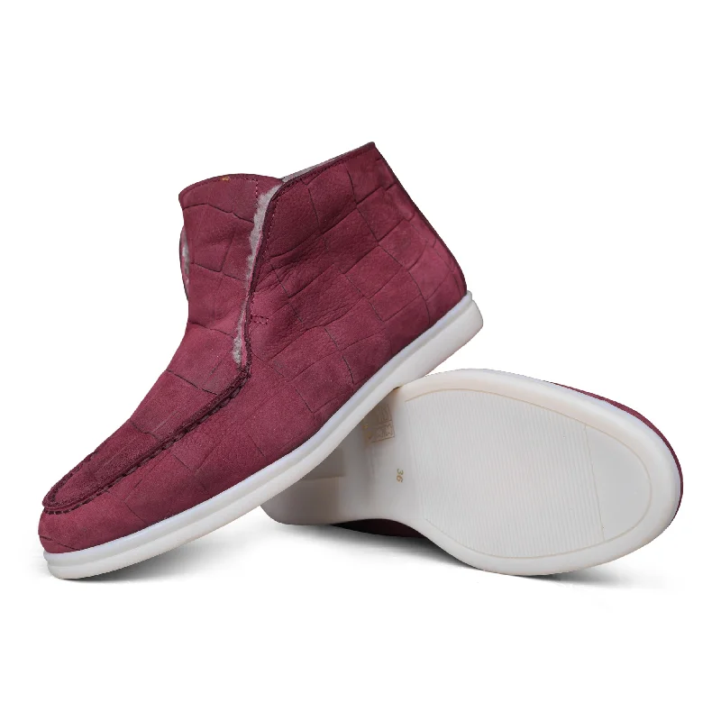 1020 - Burgundy Croc Faux Fur Cowboy Boot Western Style  