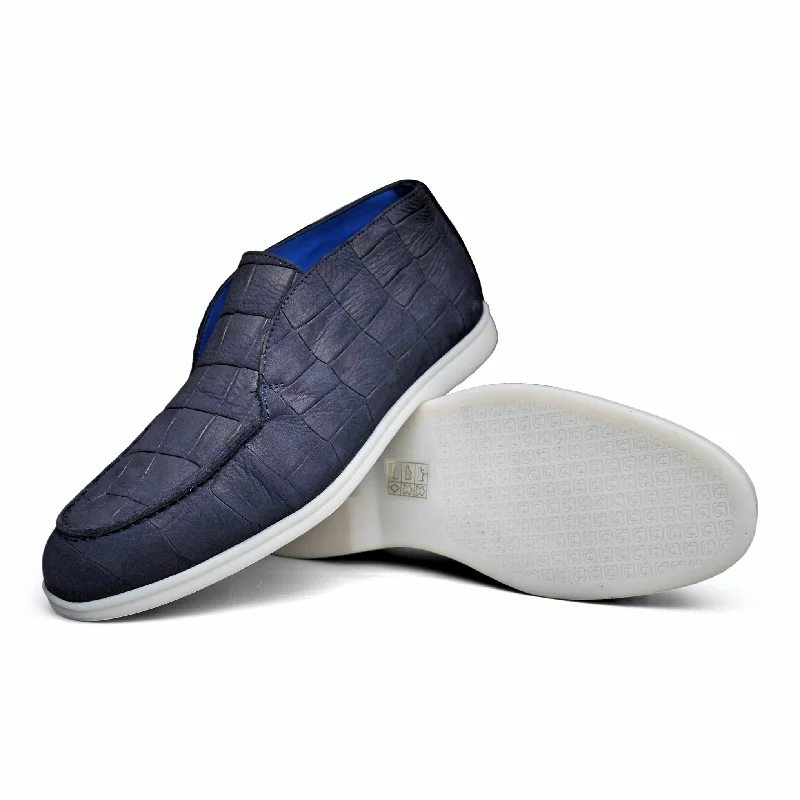 5514 - Navy Blue Nubuck Moc Croc Lightweight Tennis Sneaker Look  