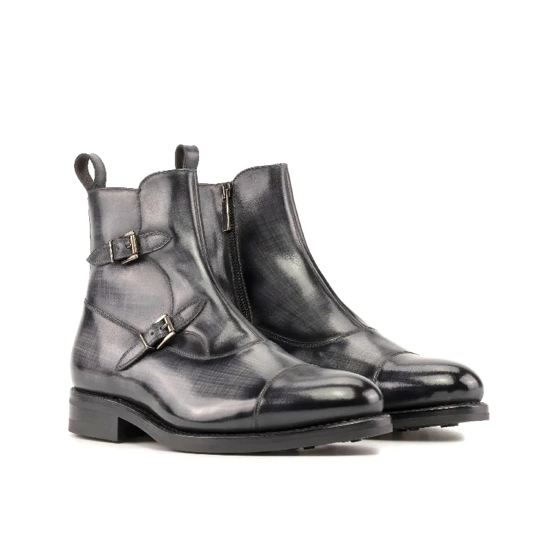 DapperFam Octavian in Grey Men's Hand-Painted Patina Buckle Boot Upcycled Shoe Look DapperFam Octavian in Grey Men's Hand-Painted Patina Buckle Boot Upcycled Shoe Look