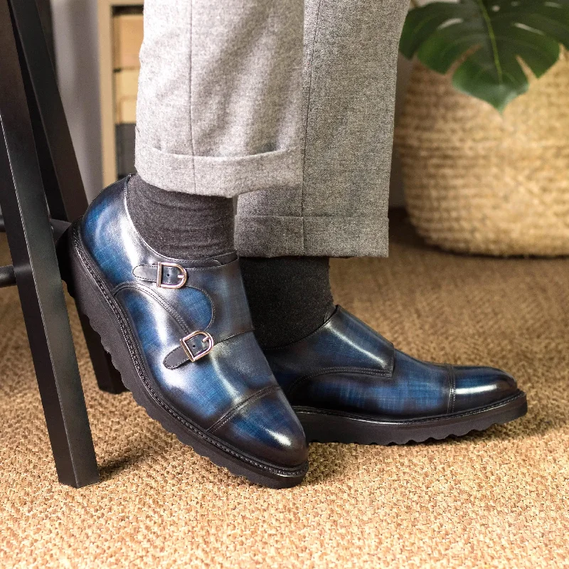 DapperFam Monaco in Denim Men's Hand-Painted Patina Double Monk Wingtip Oxford Design DapperFam Monaco in Denim Men's Hand-Painted Patina Double Monk Wingtip Oxford Design