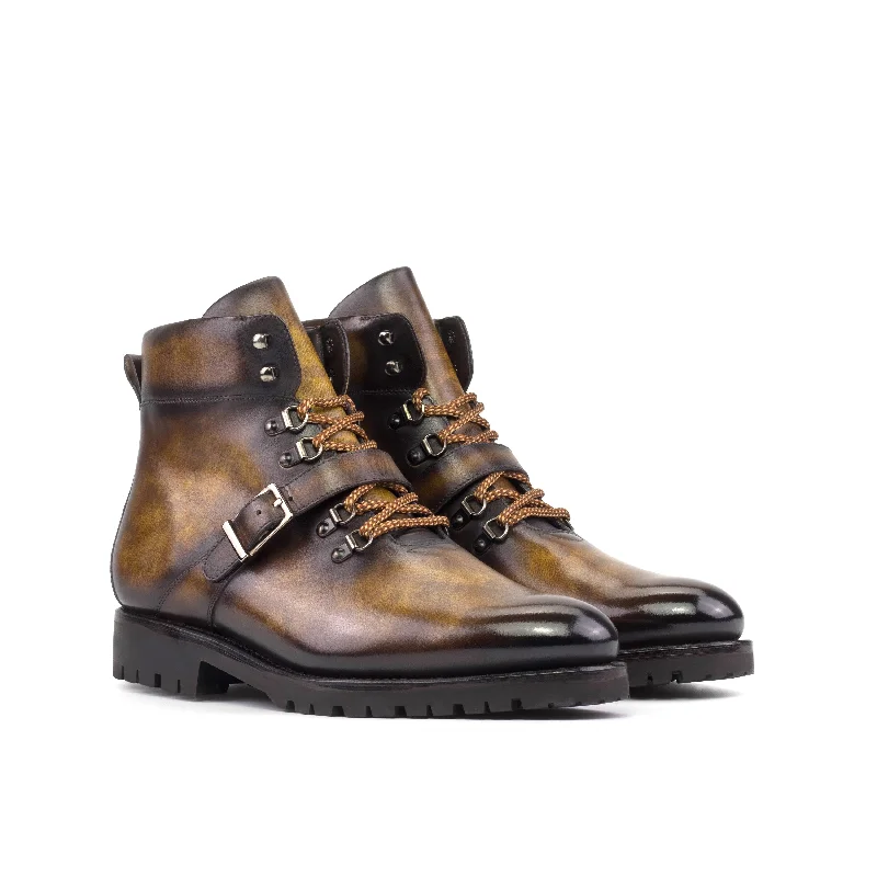 DapperFam Everest in Tobacco Men's Hand-Painted Patina Hiking Boot Distressed Leather Shoe Style  