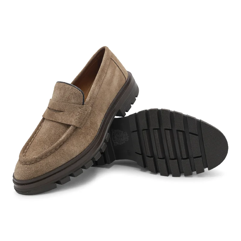 6674 - Beige Suede Chunky Loafer Edwardian Shoe Look  