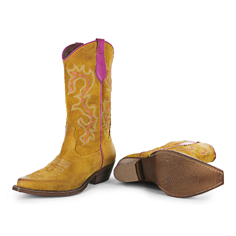 746 - Ochre/Fucshia Suede Cowboy Desert Boot Utility Style  