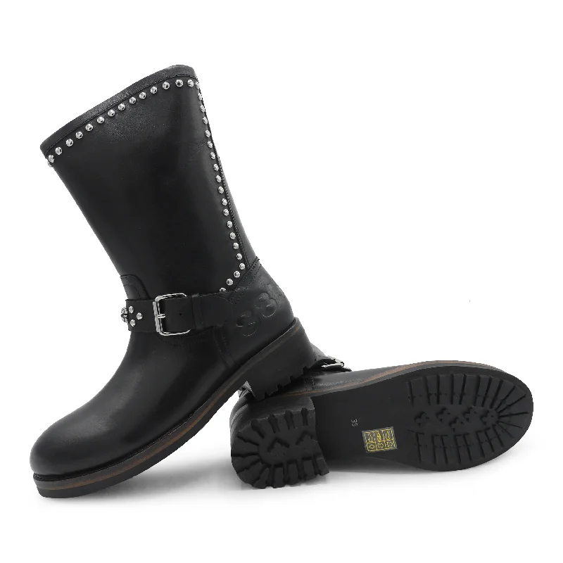 883 - Black Studded Biker Boot Strap - Up Sandal Resort Style  