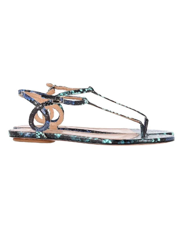 Aquazzura T-Strap Sandals in Blue Snakeskin-Embossed Leather Smart - Shoe Functionality Style  
