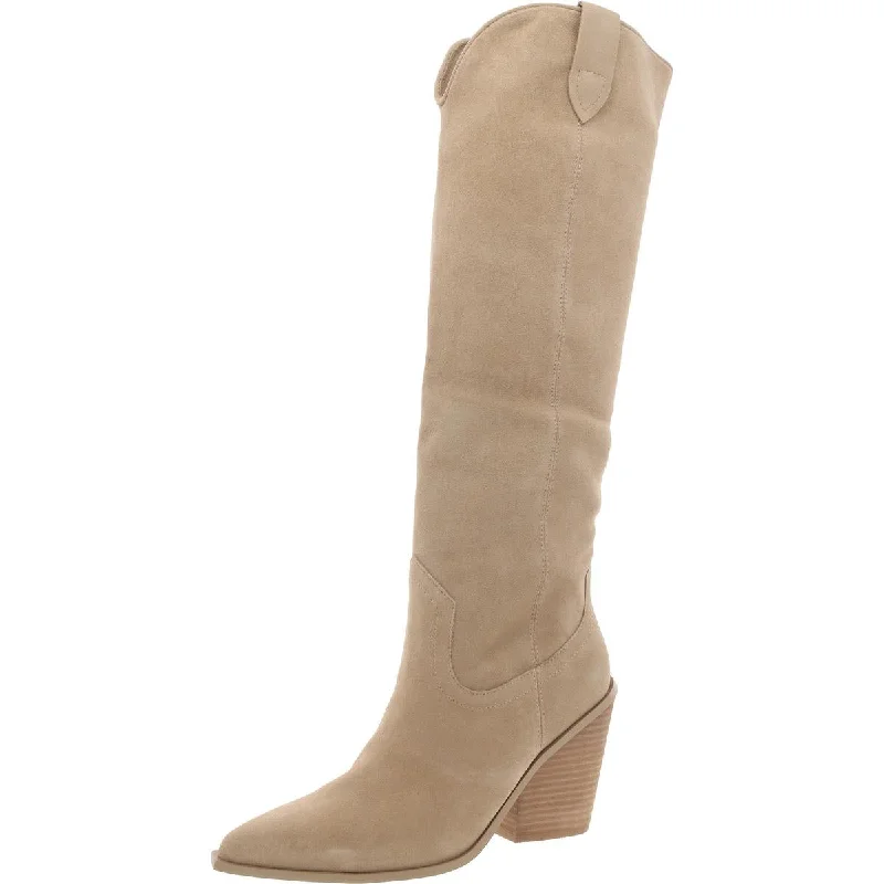 Brondy Womens Suede Pull On Knee-High Boots Brogue Oxford Aesthetic 