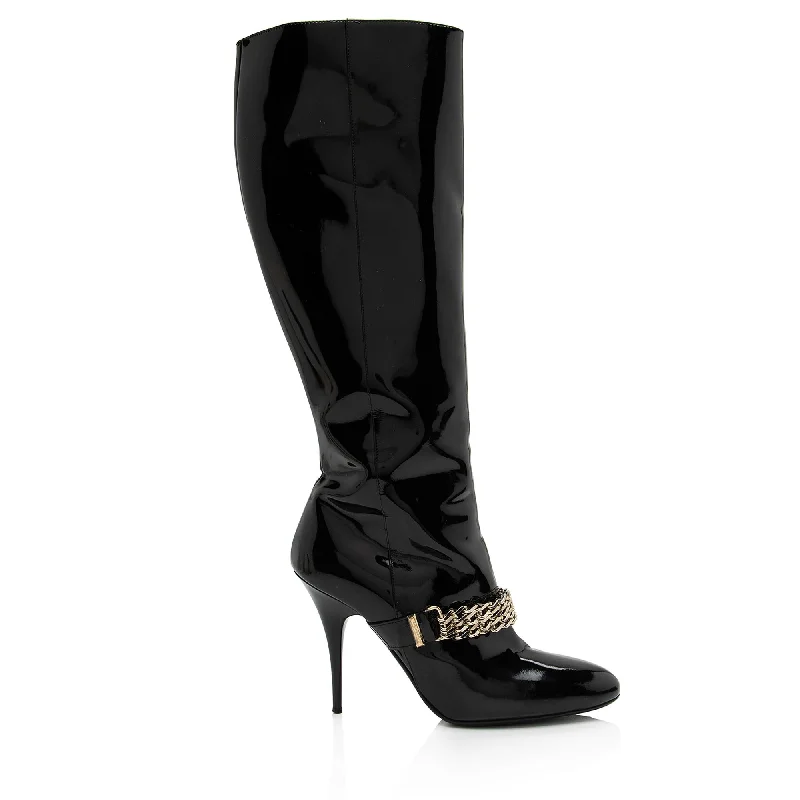 Burberry Patent Leather Chain Knee High Boots Combat - Inspired Military Boot Look  