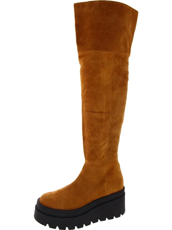 Calling Womens Suede Chunky Over-The-Knee Boots Checkered Shoe Pattern Look  