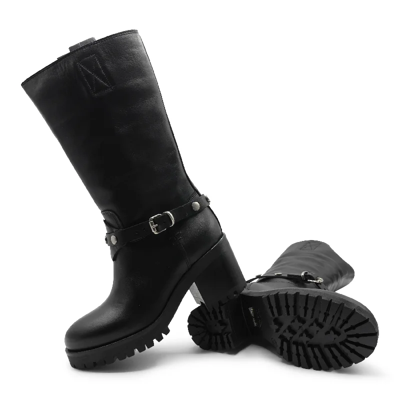 E5O952 - Black Leather Biker Boot Hip - Hop Sneaker Style  