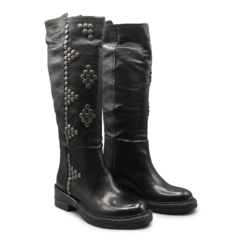 F659K2 - Black Knee High Boot With Studs Leather Driving Shoe Style  