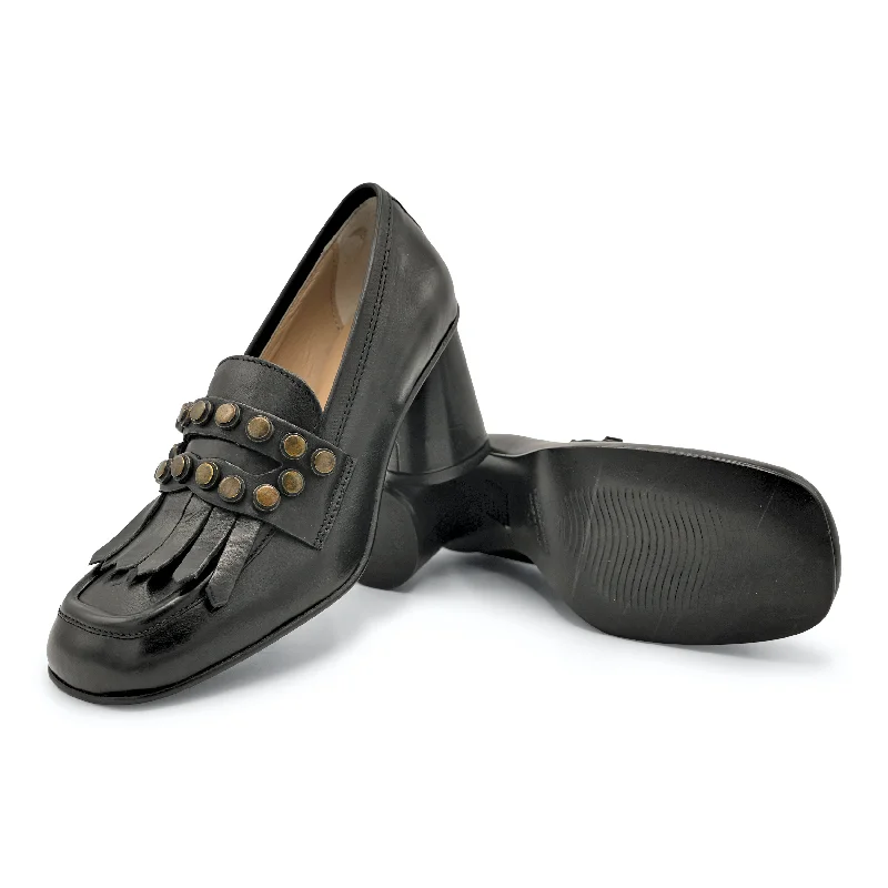 F807K1 - Studded Fringe Heeled Loafer Comfortable Derby Style  