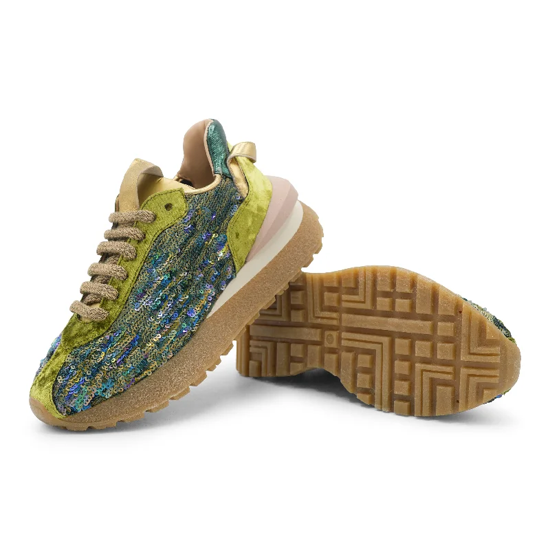F937K2 - Green Velvet Reversible Sequins Brogue Oxford Aesthetic 