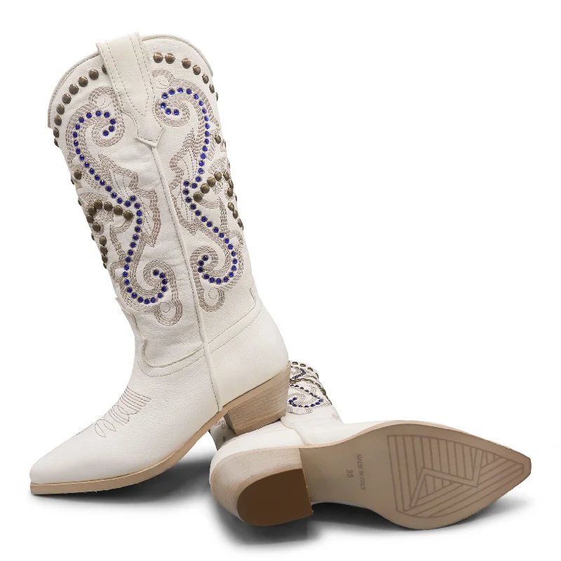 Fleur04 - White/Blue Embellished Cowboy Dressy Chelsea Boot Style 