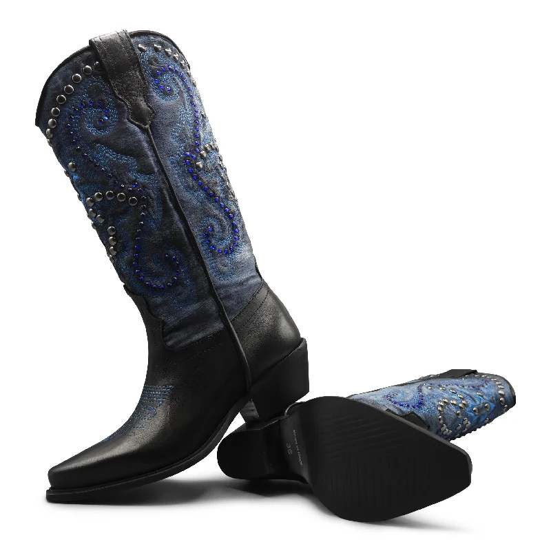 GISEL13 - Black/Blue Embellished Cowboy Sustainable Shoe Design  