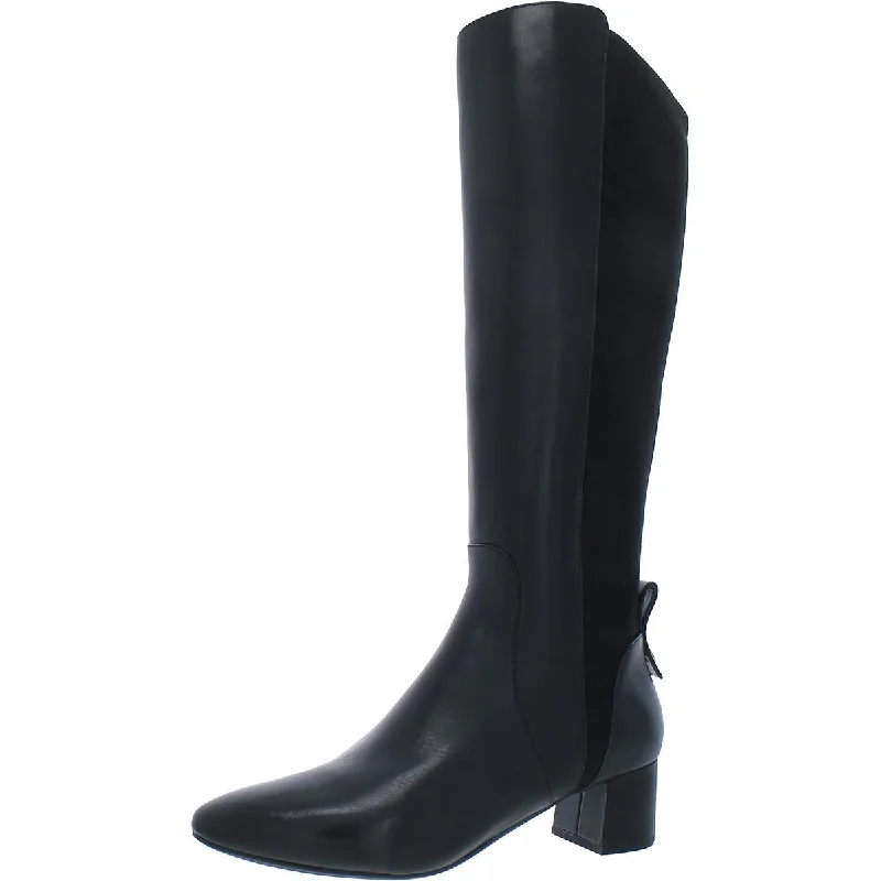 GO TO BLOCK Womens Leather Block Heel Knee-High Boots Monochromatic Shoe Look  
