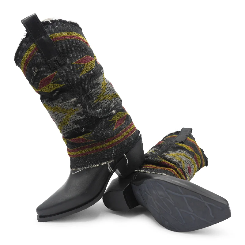 IZEL - Black /Denim Jeans Aztec Boot Embroidered Cowboy Boot Design  