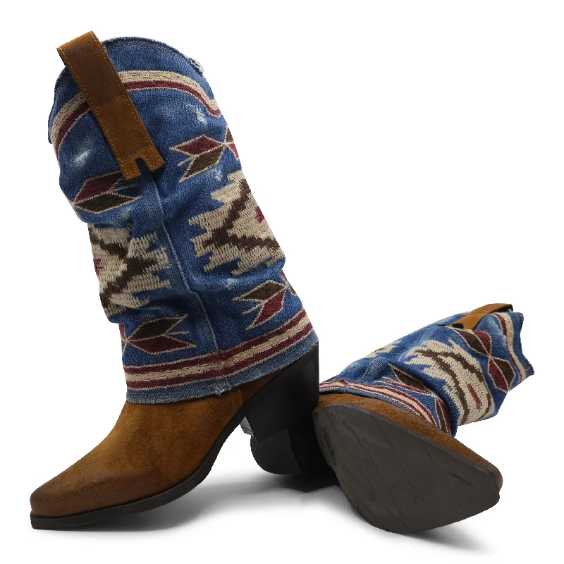 IZEL - Tan/Denim Jeans Aztec Boot Wingtip Oxford Design 