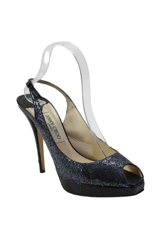 Jimmy Choo Women's Open Toe Glitter Stiletto Ankle Buckle Sandals Black Desert Boot Utility Style  
