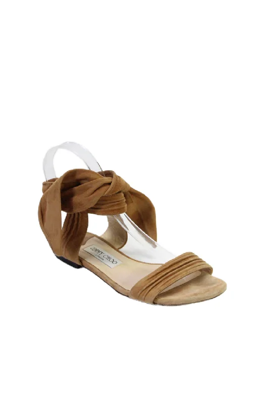 Jimmy Choo Womens Suede Open Toe Lace Up Flat Sandals Brown Comfortable Derby Style  