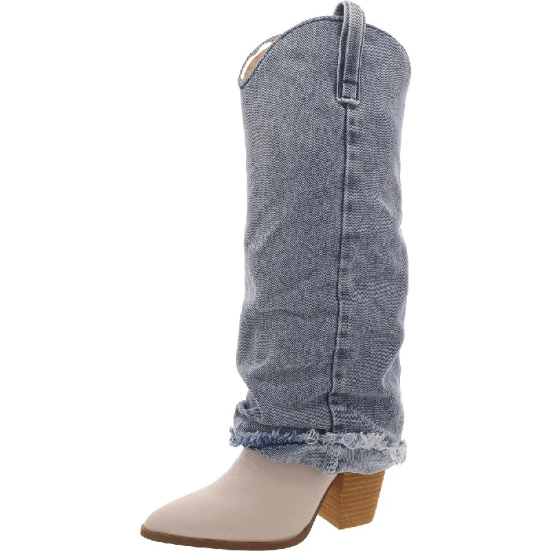 Lassy Womens Denim Block Heel Cowboy, Western Boots Ivy League - Inspired Derby Look 