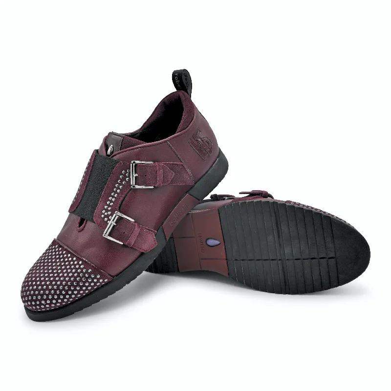 LU25121 -Burgundy Studded Double Monk Trainer Lightweight Tennis Sneaker Look  