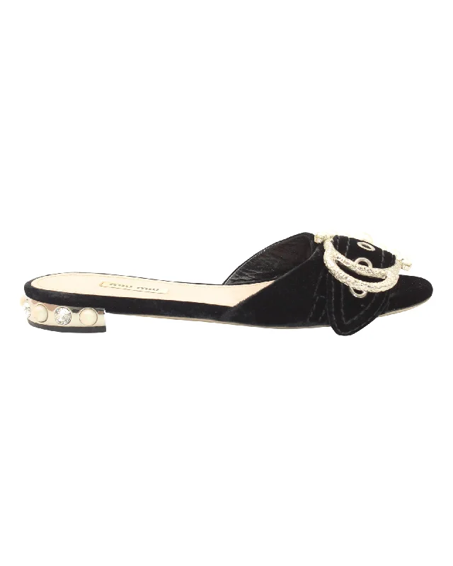 Miu Miu Pearl Embellished Buckle Flat Sandals in Black Velvet Casual Loafer Style          